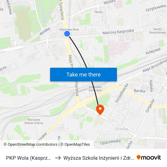 PKP Wola (Kasprzaka) to Wyższa Szkoła Inżynierii i Zdrowia map