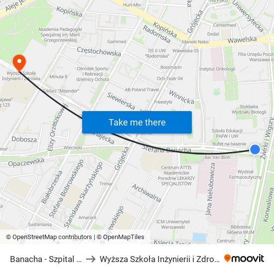 Banacha - Szpital 04 to Wyższa Szkoła Inżynierii i Zdrowia map