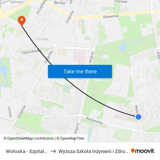 Wołoska - Szpital 01 to Wyższa Szkoła Inżynierii i Zdrowia map