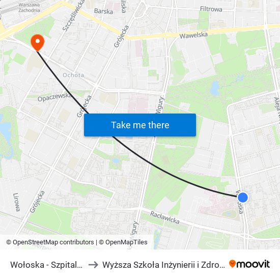 Wołoska - Szpital 02 to Wyższa Szkoła Inżynierii i Zdrowia map