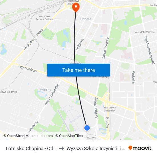 Lotnisko Chopina-Odloty to Wyższa Szkoła Inżynierii i Zdrowia map