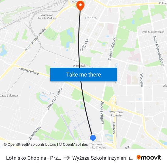 Lotnisko Chopina - Przyloty 02 to Wyższa Szkoła Inżynierii i Zdrowia map