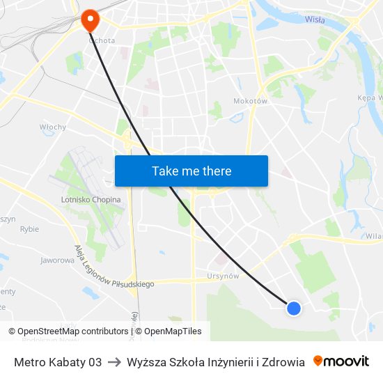 Metro Kabaty to Wyższa Szkoła Inżynierii i Zdrowia map