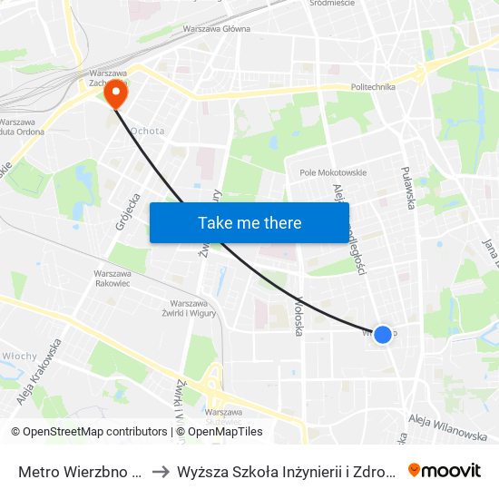 Metro Wierzbno to Wyższa Szkoła Inżynierii i Zdrowia map