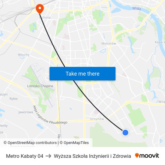 Metro Kabaty to Wyższa Szkoła Inżynierii i Zdrowia map