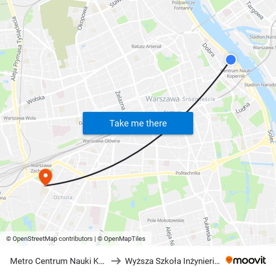 Metro Centrum Nauki Kopernik 01 to Wyższa Szkoła Inżynierii i Zdrowia map