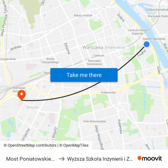 Most Poniatowskiego to Wyższa Szkoła Inżynierii i Zdrowia map