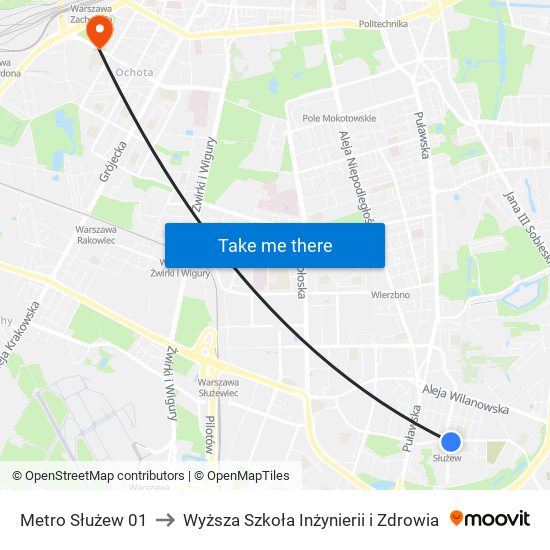 Metro Służew 01 to Wyższa Szkoła Inżynierii i Zdrowia map