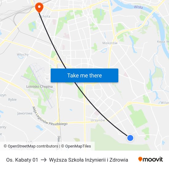 Os. Kabaty to Wyższa Szkoła Inżynierii i Zdrowia map