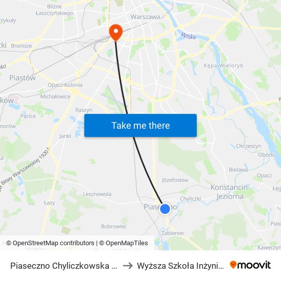 Piaseczno Chyliczkowska - Technikum 02 to Wyższa Szkoła Inżynierii i Zdrowia map