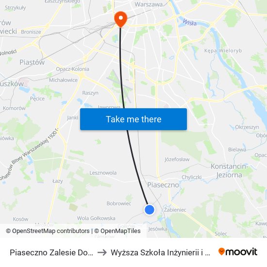 Piaseczno Zalesie Dolne to Wyższa Szkoła Inżynierii i Zdrowia map