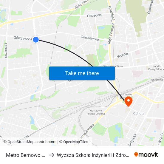 Metro Bemowo to Wyższa Szkoła Inżynierii i Zdrowia map