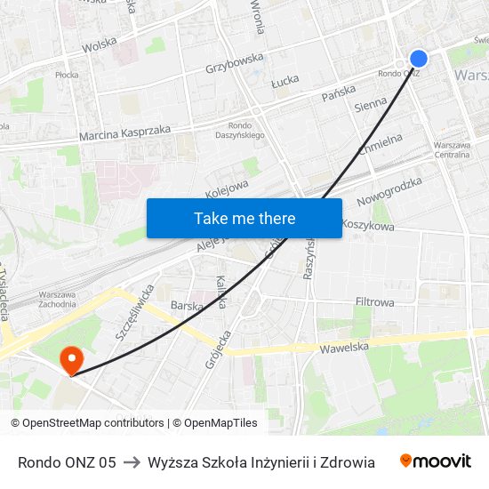 Rondo ONZ to Wyższa Szkoła Inżynierii i Zdrowia map