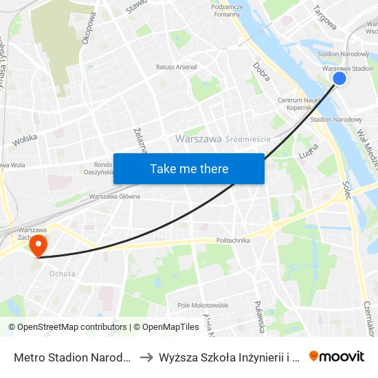 Metro Stadion Narodowy 07 to Wyższa Szkoła Inżynierii i Zdrowia map