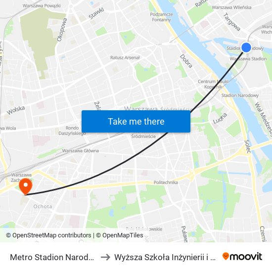 Metro Stadion Narodowy 02 to Wyższa Szkoła Inżynierii i Zdrowia map