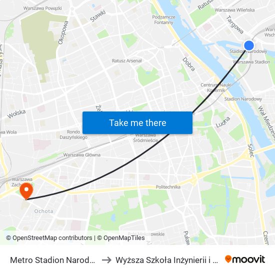 Metro Stadion Narodowy to Wyższa Szkoła Inżynierii i Zdrowia map