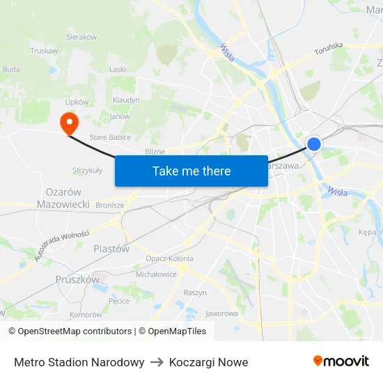 Metro Stadion Narodowy to Koczargi Nowe map