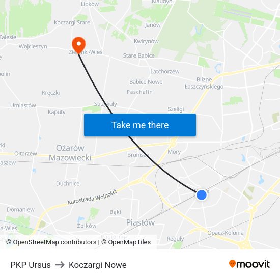 PKP Ursus to Koczargi Nowe map