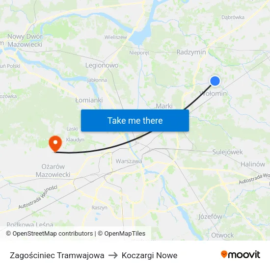 Zagościniec Tramwajowa to Koczargi Nowe map