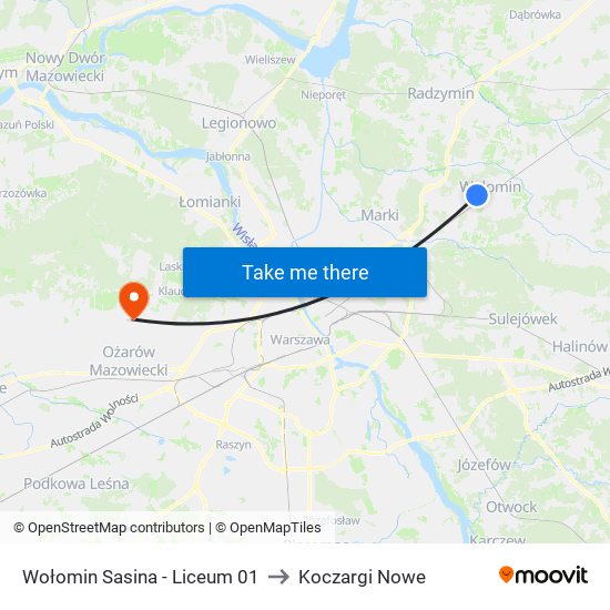 Wołomin Sasina - Liceum 01 to Koczargi Nowe map