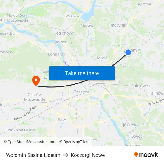Wołomin Sasina - Liceum to Koczargi Nowe map