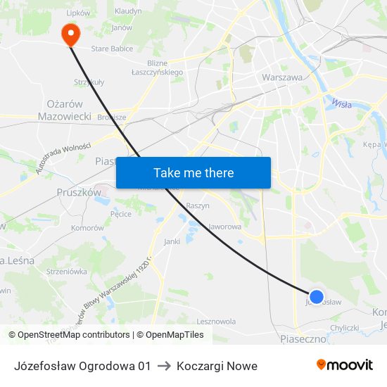 Józefosław Ogrodowa 01 to Koczargi Nowe map