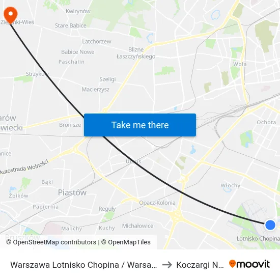 Warszawa Lotnisko Chopina / Warsaw Airport to Koczargi Nowe map
