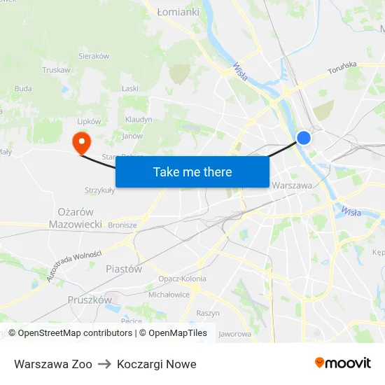 Warszawa Zoo to Koczargi Nowe map