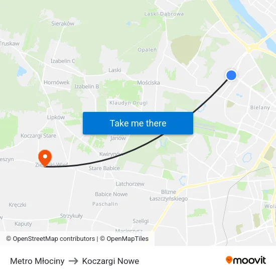 Metro Młociny to Koczargi Nowe map