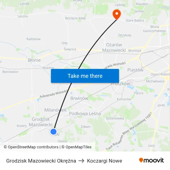 Grodzisk Mazowiecki Okrężna to Koczargi Nowe map