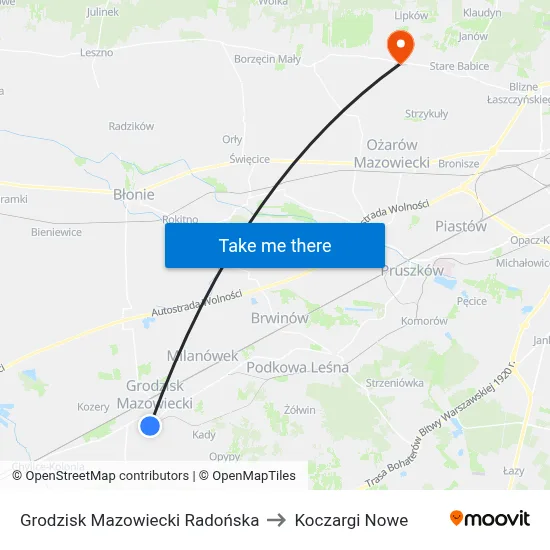 Grodzisk Mazowiecki Radońska to Koczargi Nowe map
