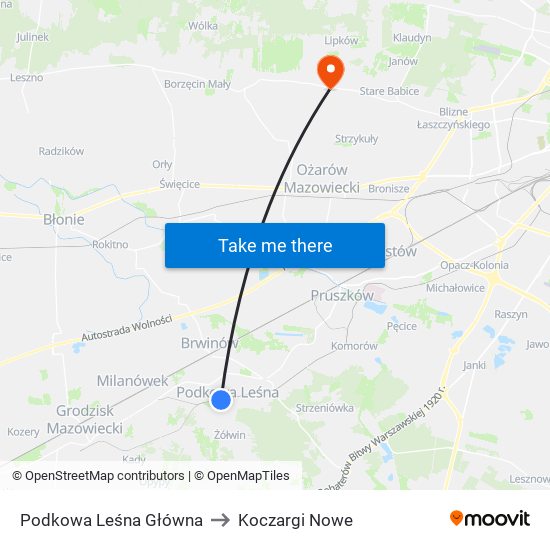 Podkowa Leśna Główna to Koczargi Nowe map