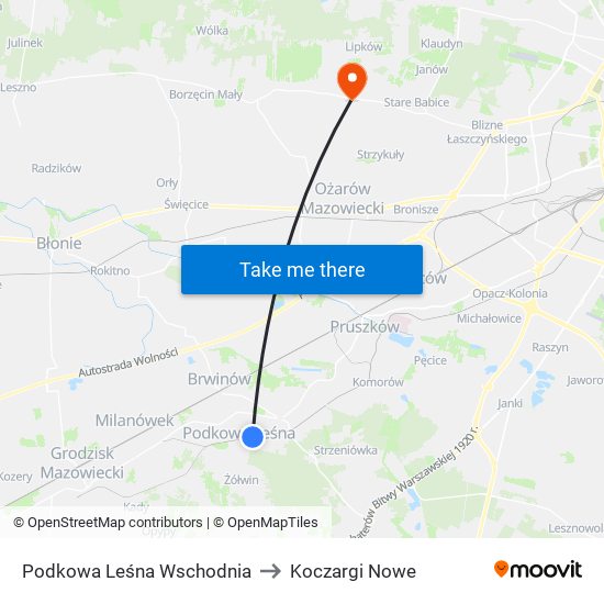 Podkowa Leśna Wschodnia to Koczargi Nowe map