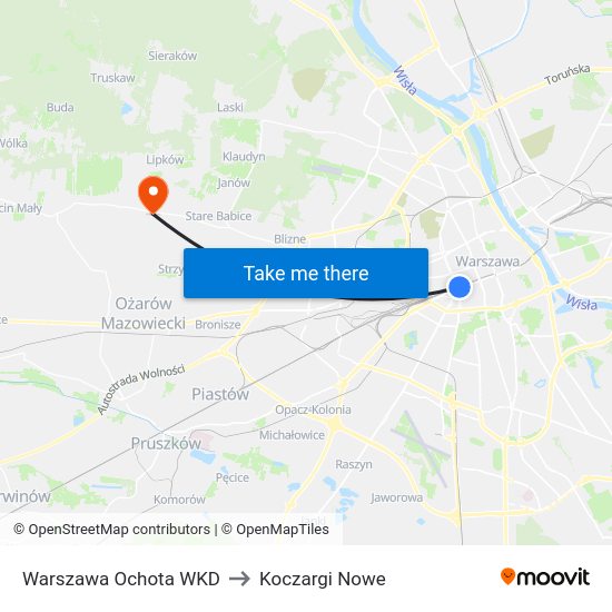 Warszawa Ochota WKD to Koczargi Nowe map