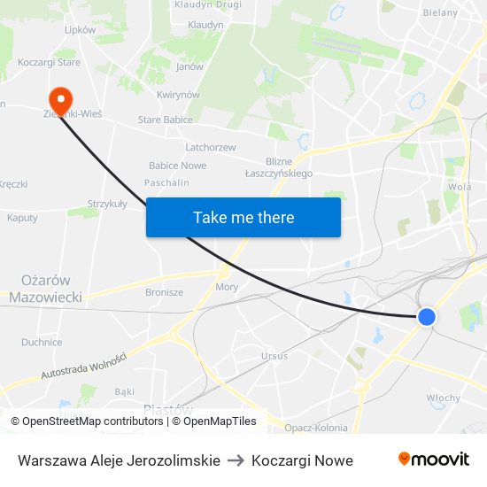 Warszawa Aleje Jerozolimskie to Koczargi Nowe map