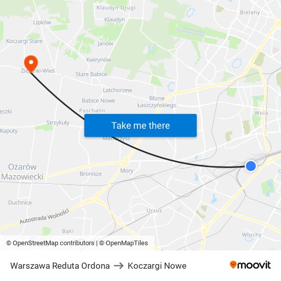 Warszawa Reduta Ordona to Koczargi Nowe map