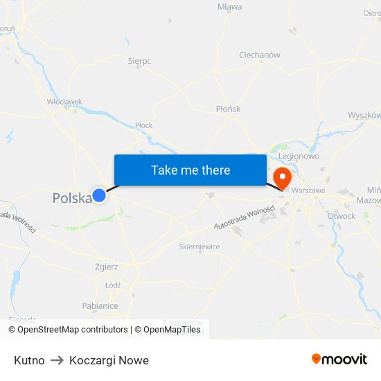 Kutno to Koczargi Nowe map