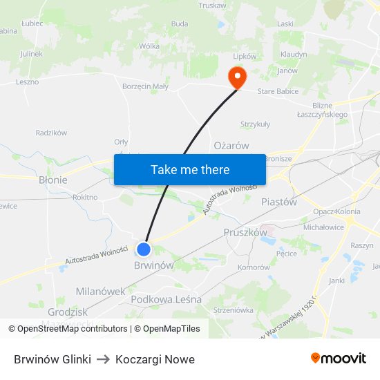 Brwinów Glinki to Koczargi Nowe map