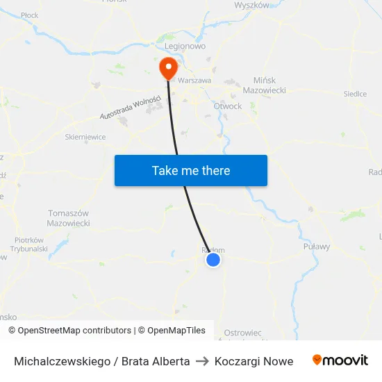 Michalczewskiego / Brata Alberta to Koczargi Nowe map