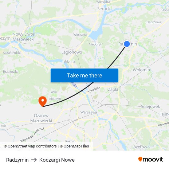 Radzymin to Koczargi Nowe map