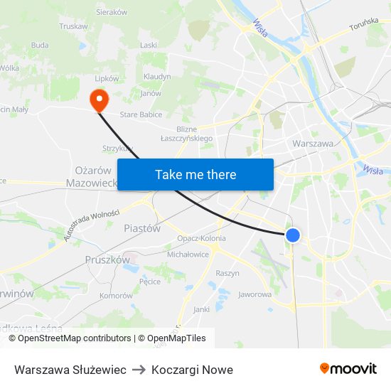 Warszawa Służewiec to Koczargi Nowe map