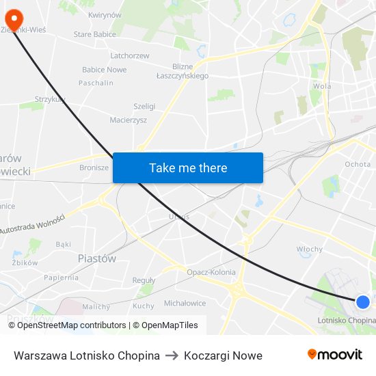 Warszawa Lotnisko Chopina to Koczargi Nowe map