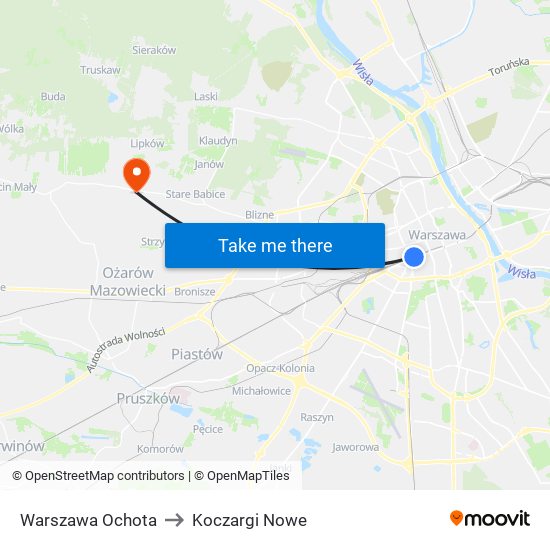 Warszawa Ochota to Koczargi Nowe map