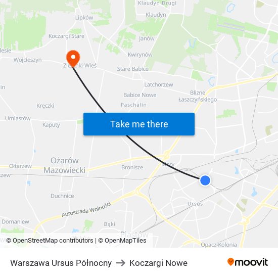 Warszawa Ursus Północny to Koczargi Nowe map