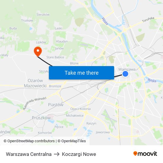 Warszawa Centralna to Koczargi Nowe map