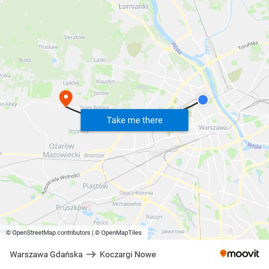 Warszawa Gdańska to Koczargi Nowe map