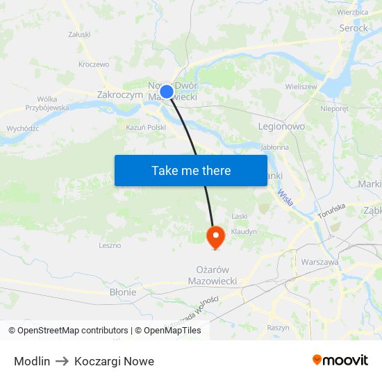 Modlin to Koczargi Nowe map