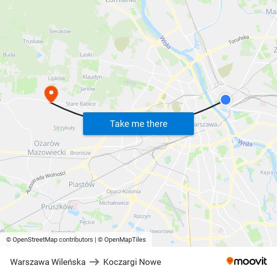 Warszawa Wileńska to Koczargi Nowe map