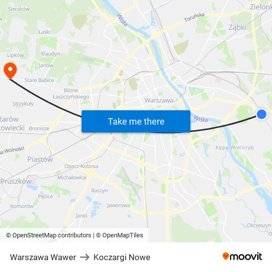 Warszawa Wawer to Koczargi Nowe map