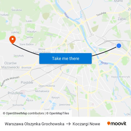 Warszawa Olszynka Grochowska to Koczargi Nowe map